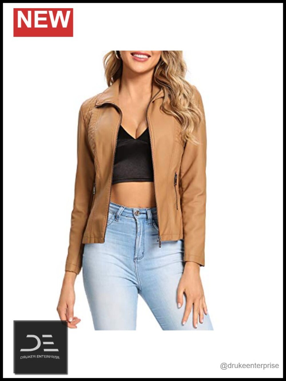 Womens Faux Leather Jacket Quilted Zip Up Casual Coat Elastic Rib